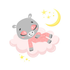 Vector illustration of a cute cartoon hippo sleeping on a cloud. Baby animals are sleeping.