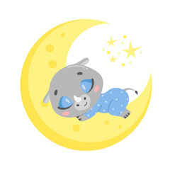 Vector illustration of a cute cartoon rhinoceros sleeping on the moon. Baby animals are sleeping.
