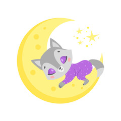 Vector illustration of a cute cartoon wolf sleeping on the moon. Baby animals are sleeping.