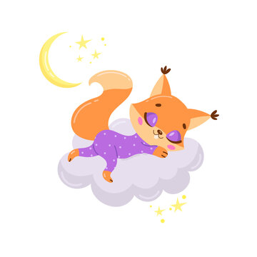 Vector illustration of a cute cartoon squirrel sleeping on a cloud. Baby animals are sleeping.