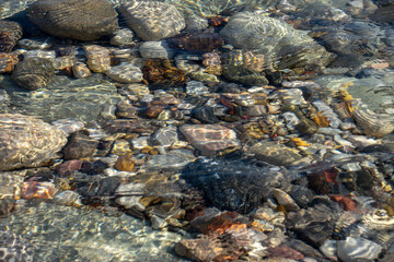 Abstract Background Texture, Colorful Sea Stones in Water, Top View