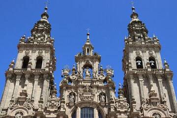 Fototapeta premium Towers of the facade of the cathedral of santiago de compostela, in the Obradoiro square (Galicia, Spain).