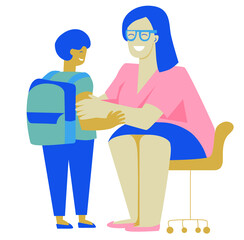 Adult woman preparing young boy son for school activity. Vector flat illustration. Back to school concept. Young pupil with backpack and caring parent or teacher