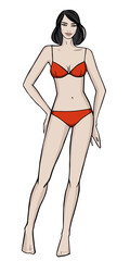 Vector sexy black-haired girl in red bikini swimsuit. Full body young women.