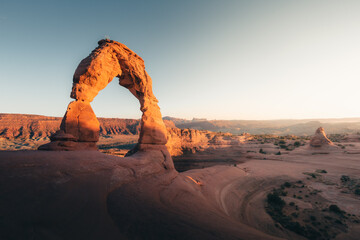 Delicate Arch at sunset, Arches National Park, Utah, United States. High quality vibrant panorama....