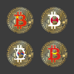 Four golden Bitcoin icons with flags of China, Japan, South Korea and Vietnam. Cryptocurrency technology symbol. Vector digital money icons isolated on grey background