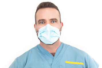Man with PPE disposable face mask faces camera. 