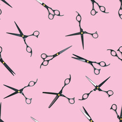 Seamless pattern of black scissors. professional hairdresser black scissors isolated on pink. Black barber scissors, close up. pop art background, for prints or posters