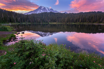 Beautiful Sunset over Reflection Lakes in Rainier National Park wth the Mountain Reflecting on the Lake