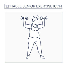Workout line icon. Exercises with dumbbells. Low impact training. Cardio. Prevention diseases. Senior exercise concept. Isolated vector illustration. Editable stroke