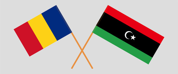 Crossed flags of Romania and Libya. Official colors. Correct proportion
