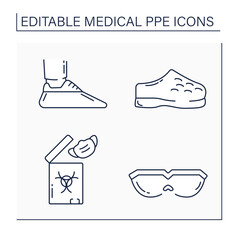 Medical PPE line icons set. Waste bag. Special shoes. Shoe covers. Health protections concept. Isolated vector illustrations. Editable stroke