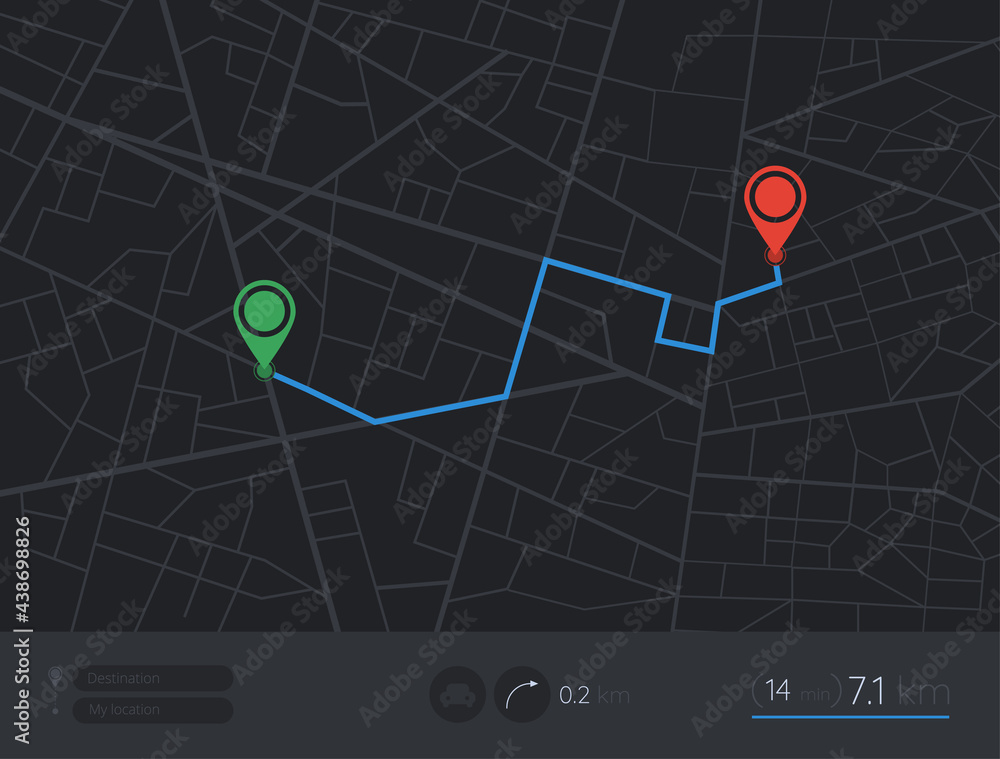 Aufkleber Map GPS navigation. City street map with pins. Route dashboard app. Vector route navigator.