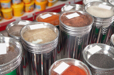 Ground pepper and spices in supermarket.