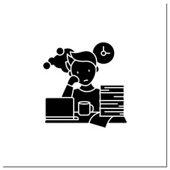Work procrastinating glyph icon.Unnecessarily postpone dealing work-related tasks. Tired person.Overload concept.Filled flat sign. Isolated silhouette vector illustration
