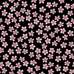 Seamless pattern with blossoming Japanese cherry sakura for fabric, packaging, wallpaper, textile decor, design, invitations, print, gift wrap, manufacturing. Pink flowers on black background.