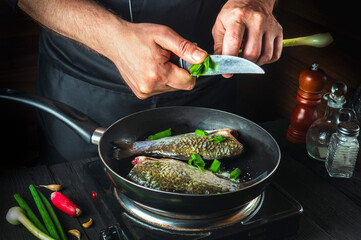 Professional chef prepares fresh fish in a pan with young green onion. Preparation for cooking fish food. Working environment in the kitchen of a restaurant or cafe