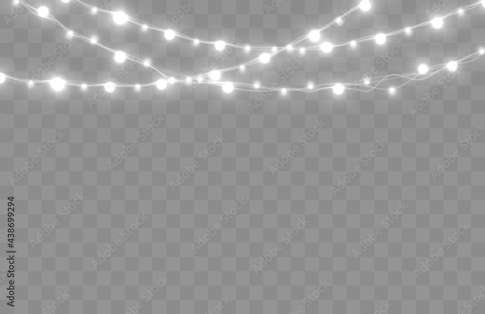 Poster christmas lights isolated on transparent background. bright xmas garland. vector glow light bulbs on