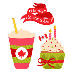 Happy Canada Day card. Cartoon Canadian cup coffee to go and cupcake with maple leaf, flag and ribbon tape. Patriotic muffin 1th July national celebration Canada day. Isolated vector illustration