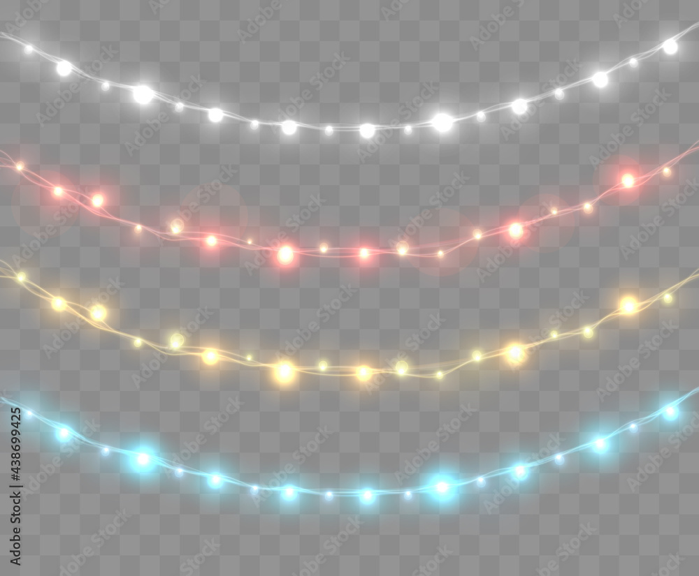 Poster christmas lights isolated on transparent background. bright xmas garland. vector glow light bulbs on