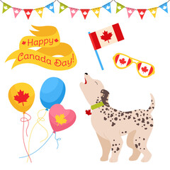 Canada Day cartoon set. Canadian patriotic pet dalmatian, flag balloon, glasses, garland bunting with maple leaf, ribbon flat style. Invitation festival Canada day comic card. Vector illustration