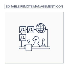 Team building games line icon. Virtual gameplay. Online communication. Friendly atmosphere.Chess. Video chat. Remote management concept.Isolated vector illustration. Editable stroke