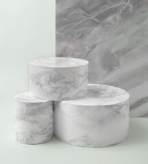 White marble cylinder beauty cosmetic new product podium backdrop. .Promotion sale, presentation.Minimal debris stone slabs in round .geometric shapes of rock. Object gray placement.
