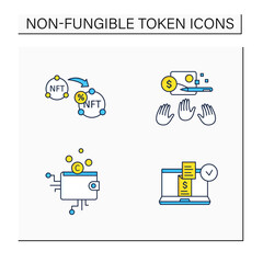 NFT color icons set. Non fungible tokens resale, cryptocurrency wallet, digital receipt, popular work.Unique digital assets. Digitalization concept. Isolated vector illustrations