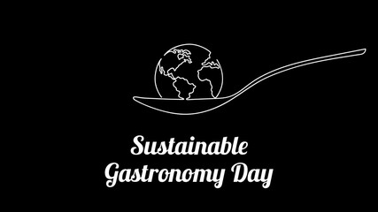 Sustainable Gastronomy Day June 18. Simple planet and spoon. Minimalist web banner, gastronomy day vector illustration. One continuous line drawing.