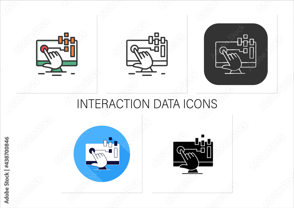 Poster interaction data icons set.sum of all digital footprints customers leave behind as they complete ban