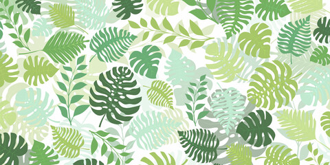 Fototapeta na wymiar Background with exotic jungle plants. Tropical palm leaves. Rainforest illustration in green colors.