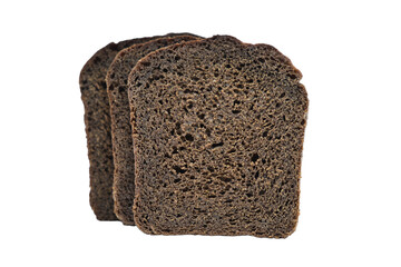 Three slices of rye bread in a row isolated on white background