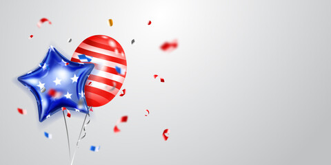 Background with several colored balloons in the colors of the USA flag and pieces of shiny serpentine. Illustration for the Independence Day of the United States of America © Olga Moonlight