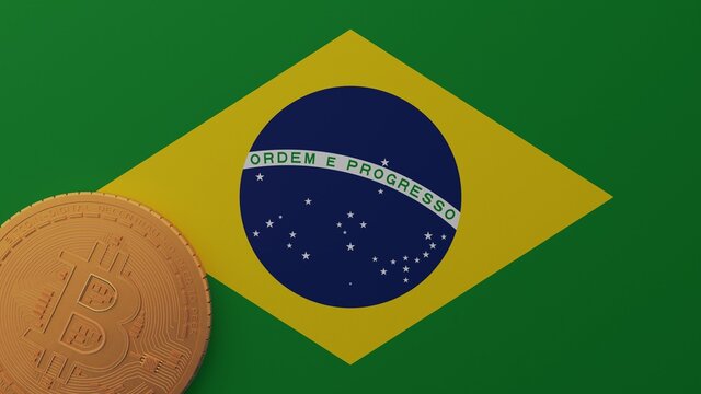 Gold Bitcoin in the Bottom Left Corner on the Country Flag of Brazil