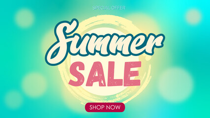 Summer sale lettering template banner. Vector illustration by blue