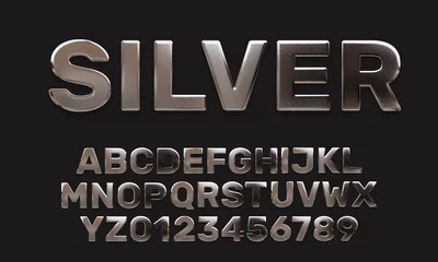 Fotobehang Alphabet letter set and numbers with glossy metal texture (chrome, steel, silver), metal abc, 3D rendering, bold typeface, creative uppercase font design for poster, banner, cover © Aul Zitzke