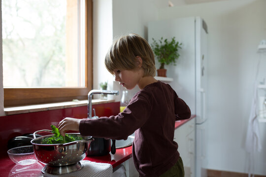 Boy washing the vegetables in the kitchen
