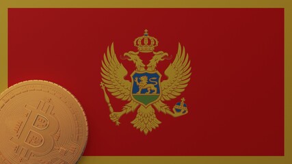 Gold Bitcoin in the Bottom Left Corner on the Country Flag of Montenegro