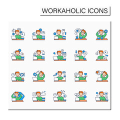 Workaholic color icons set. Workaholism prevention, consequences. Workaholism treatment, ethic, dilemma.Conduct rules. Overworking concept.Isolated vector illustrations