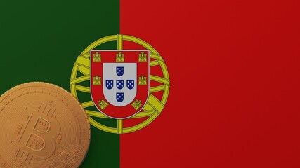 Gold Bitcoin in the Bottom Left Corner on the Country Flag of Portugal