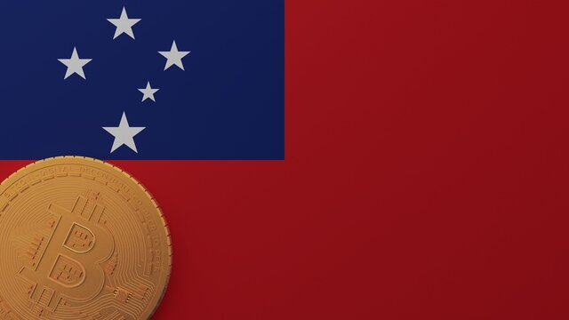 Gold Bitcoin in the Bottom Left Corner on the Country Flag of Samoa