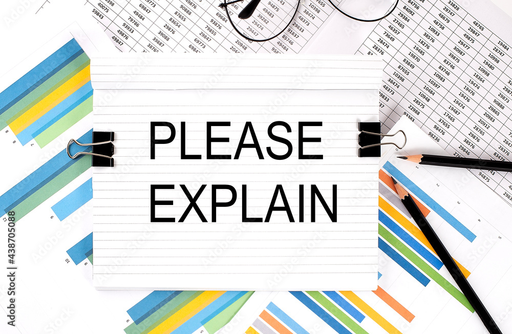 Poster notebook with pencils, glasses on the graph background, with text please explain