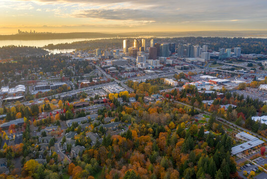 Sunset over Bellevue with Seattle in the Backdrop in Washington State