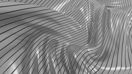 Abstract wavy background. Grey metal tapes. Smooth lines. 3D rendering image.