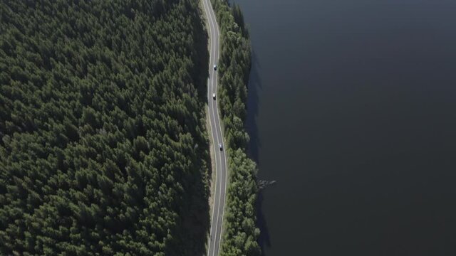 Vue de drone avant. Chaines de montagne transalpina. Montagne, lac, forêt, voitures qui roulent... Été en Roumanie

