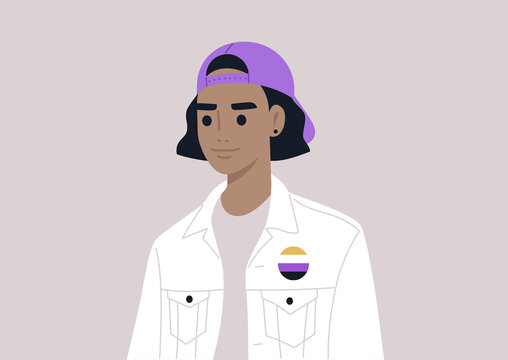 A member of the LGBTQ community wearing a nonbinary pin, LGBT pride theme
