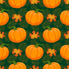 Cartoon orange Pumpkin and Autumn maple falling leaves vector seamless pattern. Hand drawn background for Fall season, Harvest, Thanksgiving Day prints, fabric, textile, greeting card, invitation	