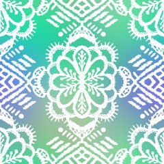 Seamless gradient mesh blurry background tribal ethnic rug motif pattern. High quality illustration. White hand drawn boho gipsy design on blue and green faded backdrop. Holographic iridescent look.