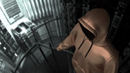 Naklejka na ściany i meble Anonymous hacker with blown leather hoodie in shadow under spaceship inside background. Dangerous criminal concept image. 3D CG. 3D illustration. 3D high quality rendering.