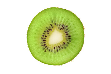 Fototapeta na wymiar Ripe fresh juicy single qiwi fruit close up. Closeup slice of one green kiwi fruit isolated on white background. Macro, studio shot.